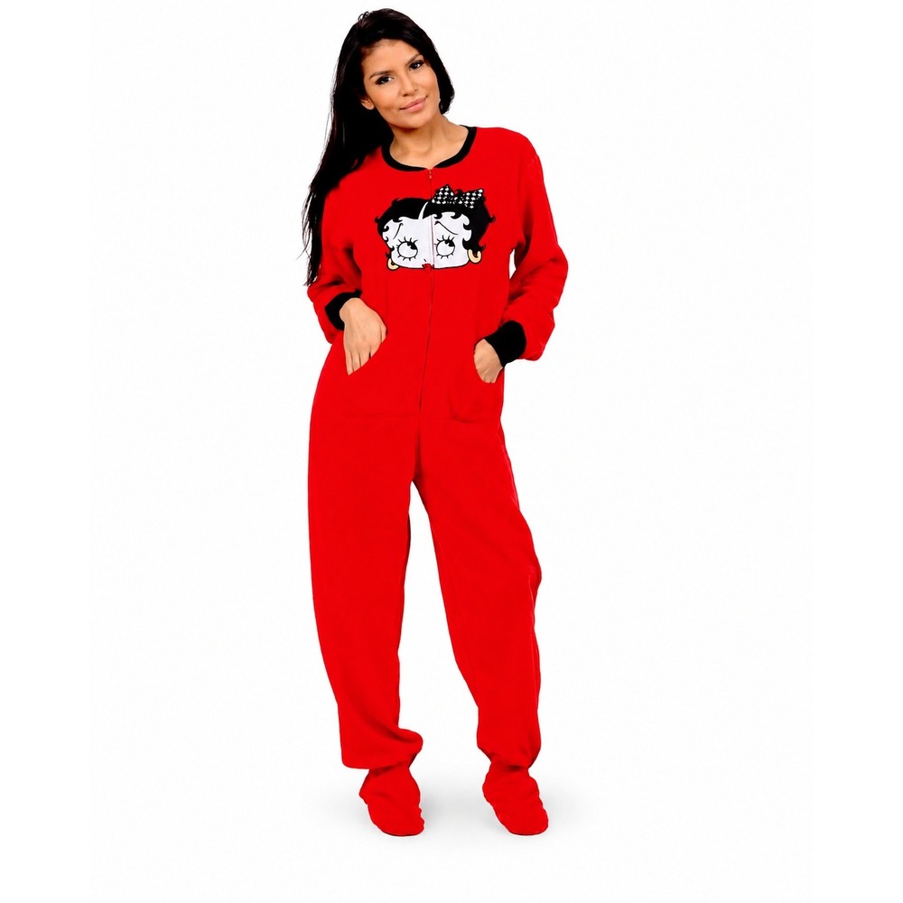 Betty Boop Womens Red Fleece Footed PJ Pajamas Pin Up Cartoon Novelty XXL Retro